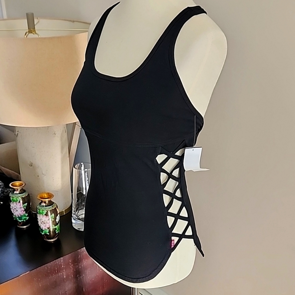 Hard Tail Black Lattice Side Tank Top